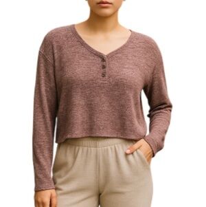 GARAGE Baggy Oversized Space Dye Henley Top Burgundy Drop Shoulder Knit XS